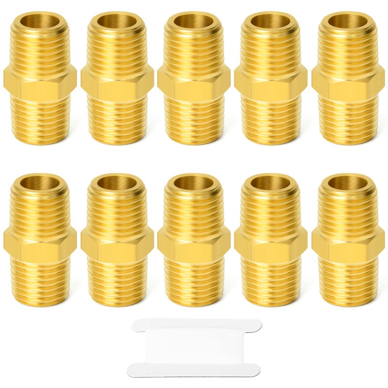 GASHER 10PCS Brass Pipe Fitting, Reducing Hex Nipple, 1/4-Inch Male Pipe x 1/4-Inch Male Pipe - Image 1